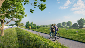 Fietser over de Maasdijk bji Dieden